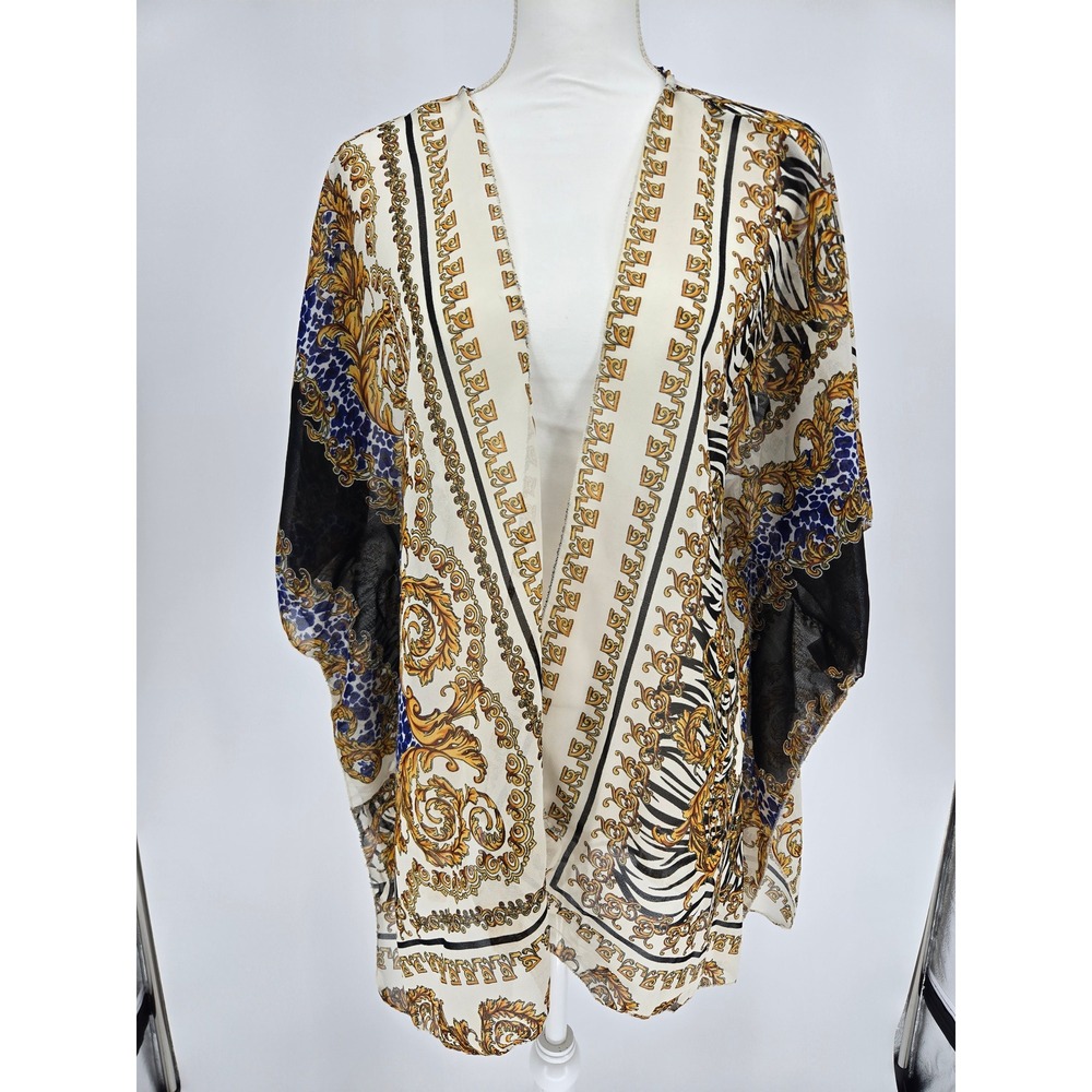 Live 4 Truth Womens 1X Baroque Scarf Print Kimono Gold Animal Print Sheer Wrap